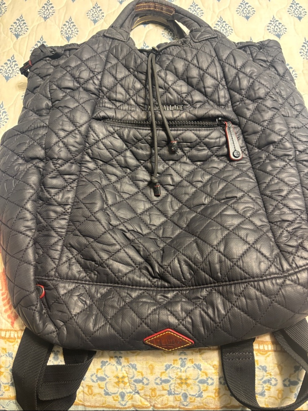 MZ Wallace Quilted Black Backpack with Red Trim